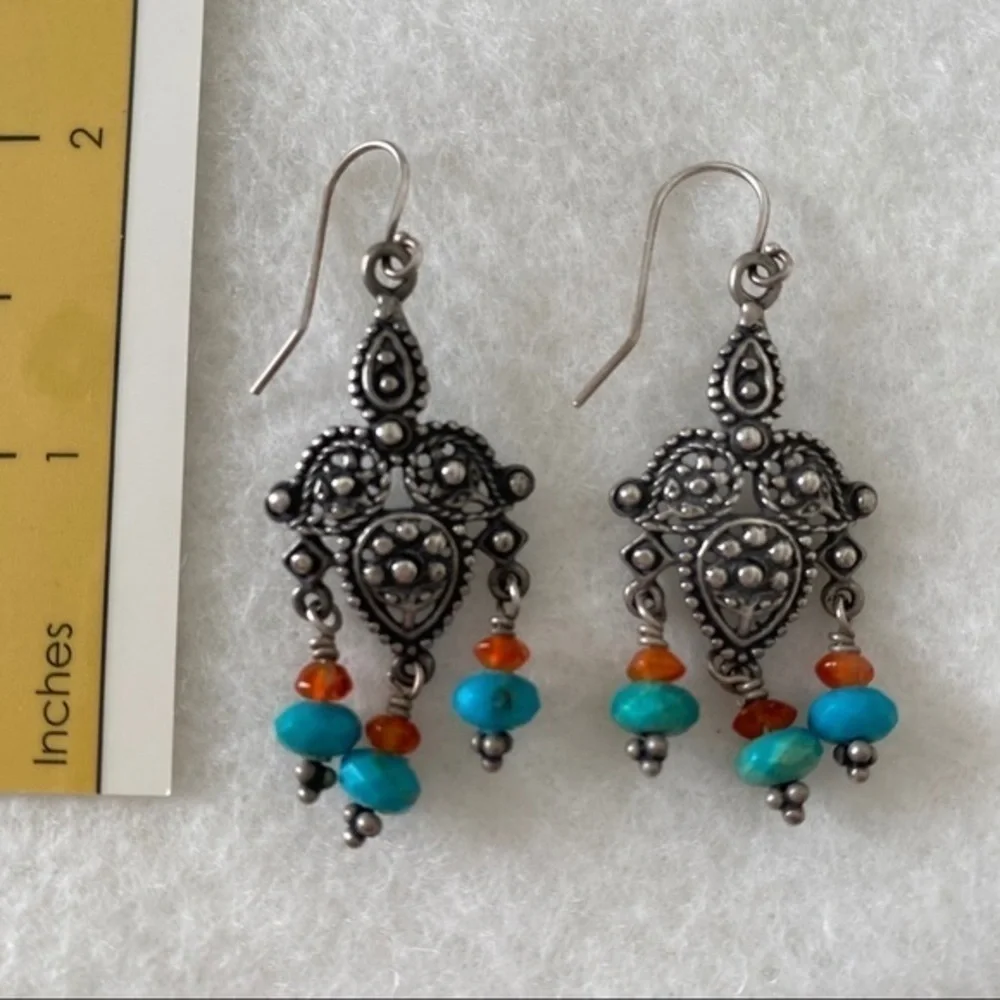 Sundance 925 silver turquoise carnelian beaded tassel chandelier drop earrings
